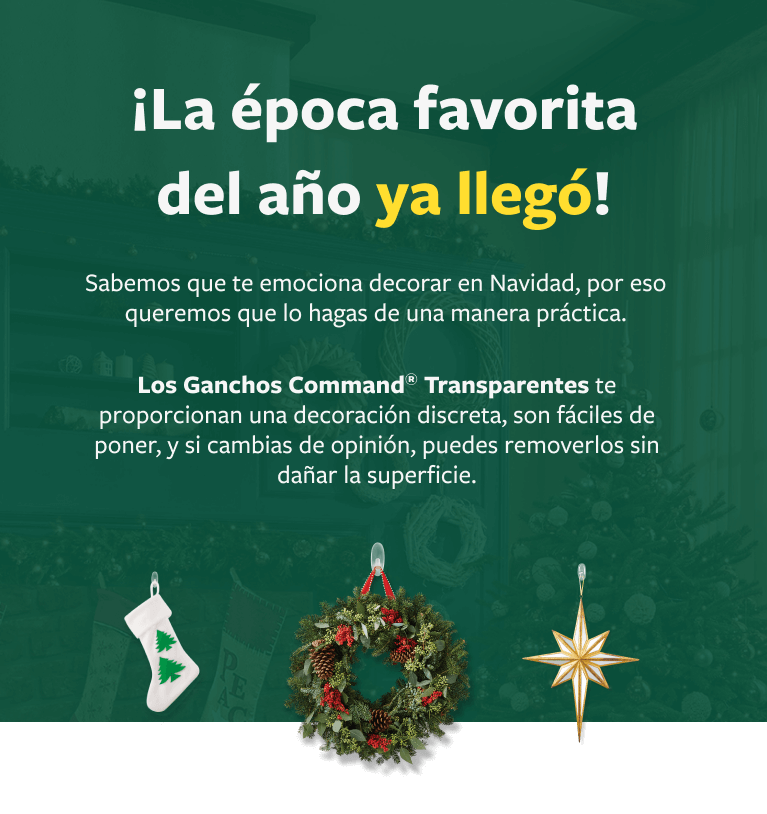 Decora en Navidad de forma práctica con ganchos Command® transparentes.